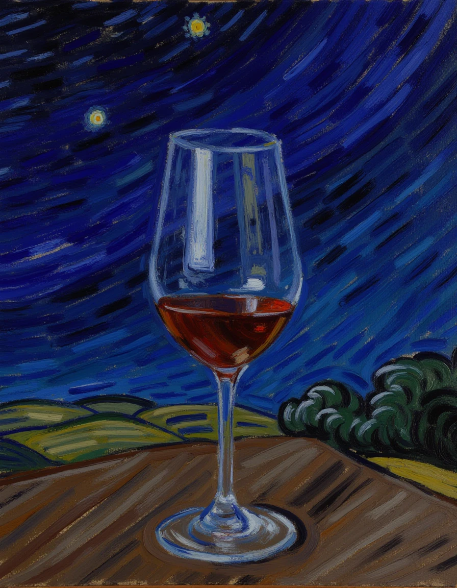 <lora:Starry-Night_v10-000013:1>, starry_night1, A clear glass of wine