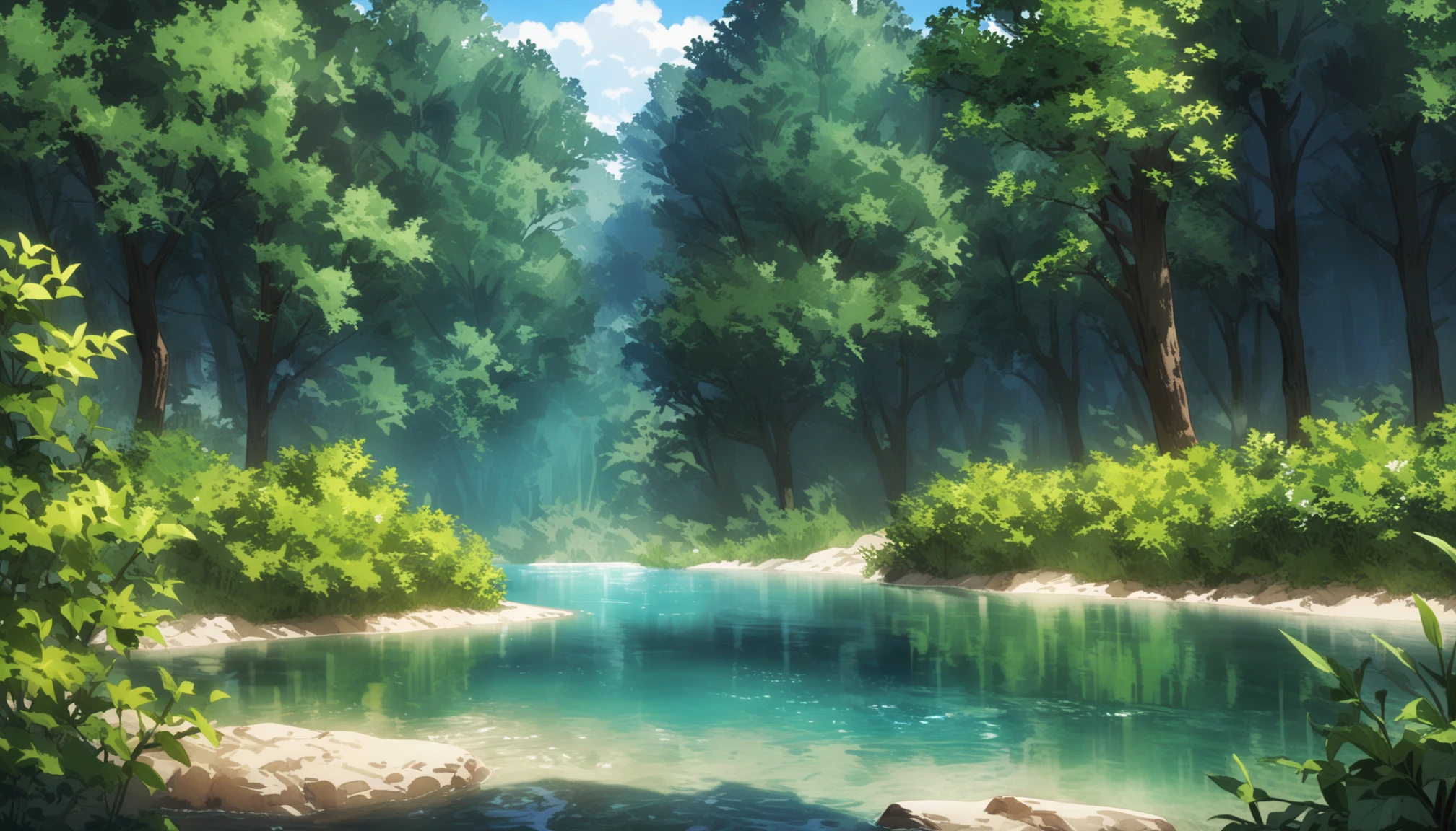 <lora:Kami_no_Tou-DoRA_V1:0.85>
very aesthetic, newest, best quality, masterpiece, absurdres, scenery, no humans, forest, river, bush