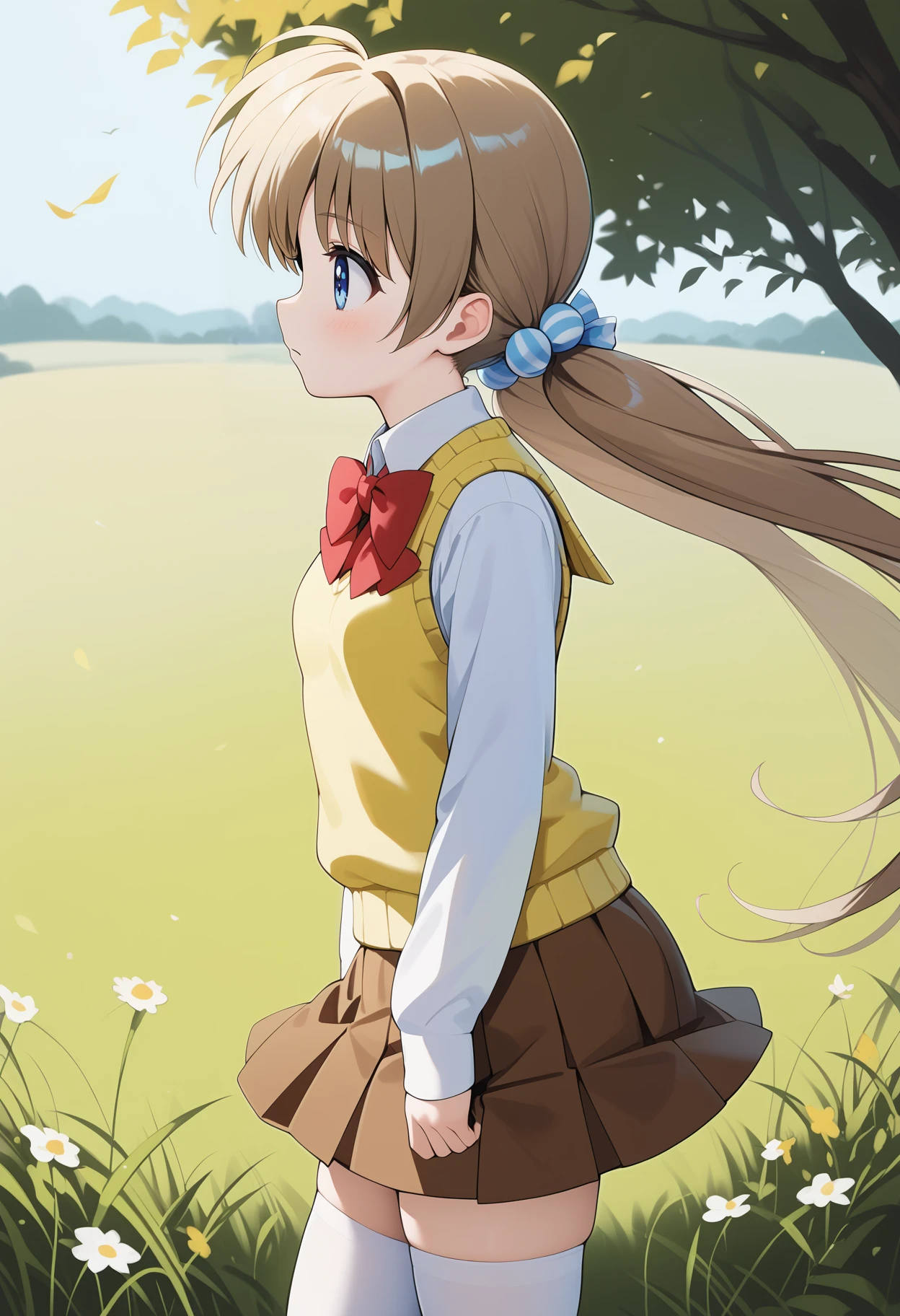 score_9, score_8_up, score_7_up, score_6_up, score_5_up, score_4_up, source_anime, aatimil, long hair, brown hair, low twintails, hair ornament, blue eyes, small breasts, school uniform, red bowtie, white shirt, sweater vest, yellow sweater, long sleeves, brown skirt, white thighhighs, <lora:corona_timil_ponyxl_v1:0.9>, from side, wind, field, looking at another, standing, cowboy shot, solo