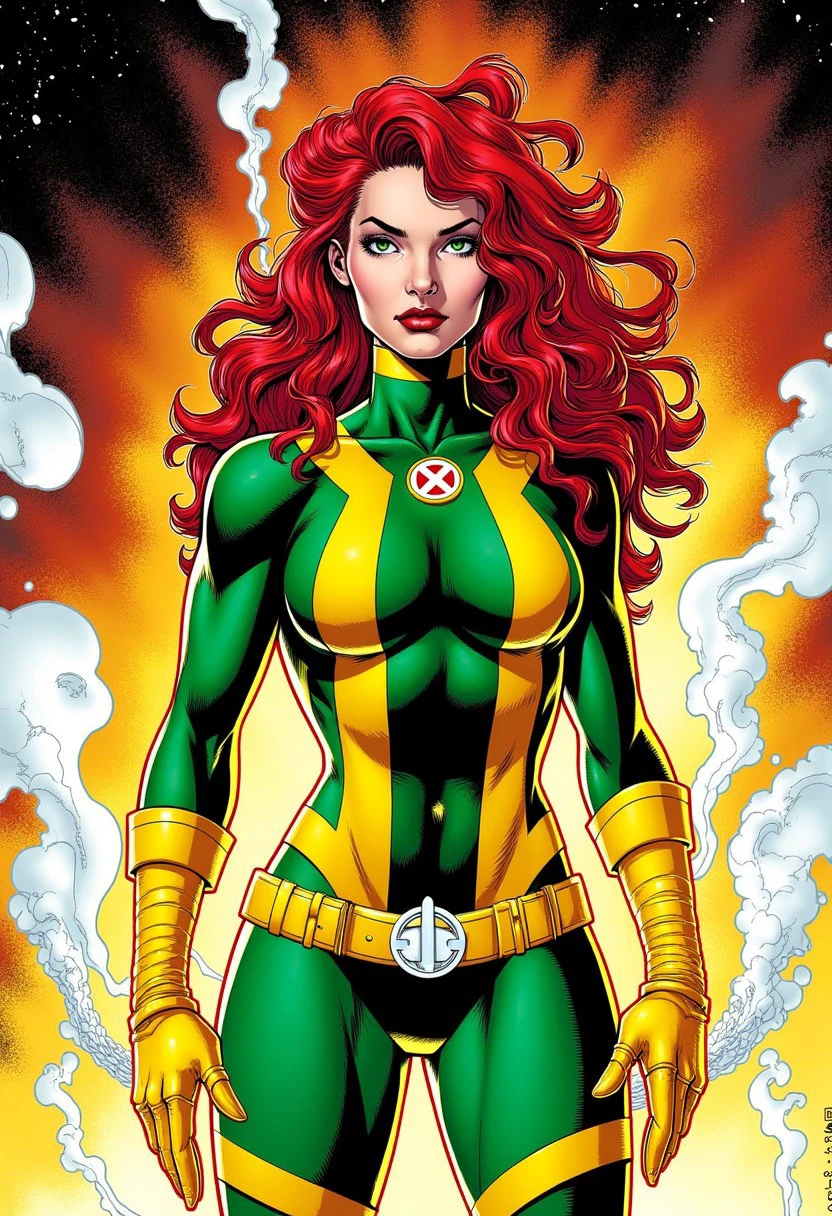 (((A comic style, cartoon art))), A comic book-style image of Jean Grey in dynamic epic hero pose, with her as the central figure. She is standing with her hands on her hips, looking straight ahead with determination. She wears a green and gold outfit, (((Hot body, sexy, camel toes))) . She has long, straight ginger hair, blue eyes and red lips. She has a serious and confident expression, as if she is ready to fight evil. higly detailed, cinematic abstract ((cosmic galaxy background)) .