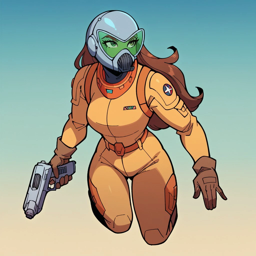 score_9, score_8_up, score_7_up, score_6_up, source_cartoon, western comics \(style\), opaque_helmet, 1girl, mature female, form-fitting spacesuit, svelte, shoulder pads, brown hair, long hair under helmet, eyes visible through headwear, green-tinted eyewear, armor over spacesuit:0.25, brown gloves, jetpack, holding pistol, science fiction, spaceship, full body, floating, midair,