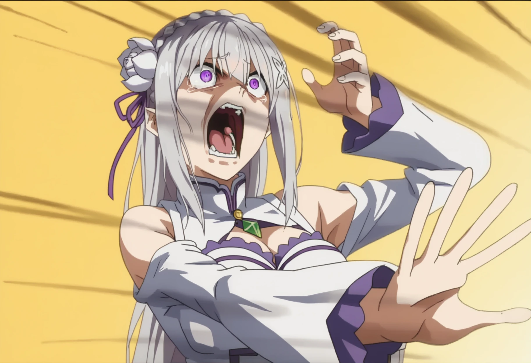 score_9, score_8_up, score_7_up, source_anime,
BREAK
<lora:shikaibaTestNoV1-000008:1>, kaibanodef,
open mouth, upper body, teeth, screaming, parody, 
1girl, solo, anime screencap, anime coloring, 
<lora:shiEmiliaV2:1> shimilia, long hair, grey hair, purple eyes, pointy ears, crown braid, hair flower, hair ribbon, purple ribbon, x hair ornament, white dress, cleavage, bare shoulders, wide sleeves,