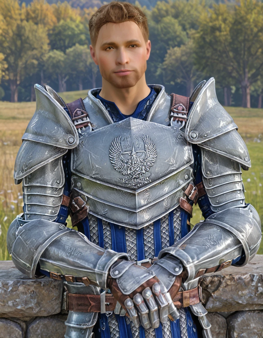 high quality, realistic, masterpiece, fantasy background
BREAK <lora:Dragon Age - Alistair Theirin - (Pony)_epoch_7:1>, (da_alistair, male, brown eyes, facial hair, warden armor, warden gauntlets), looking at viewer, full body, close-up, sitting on stone wall