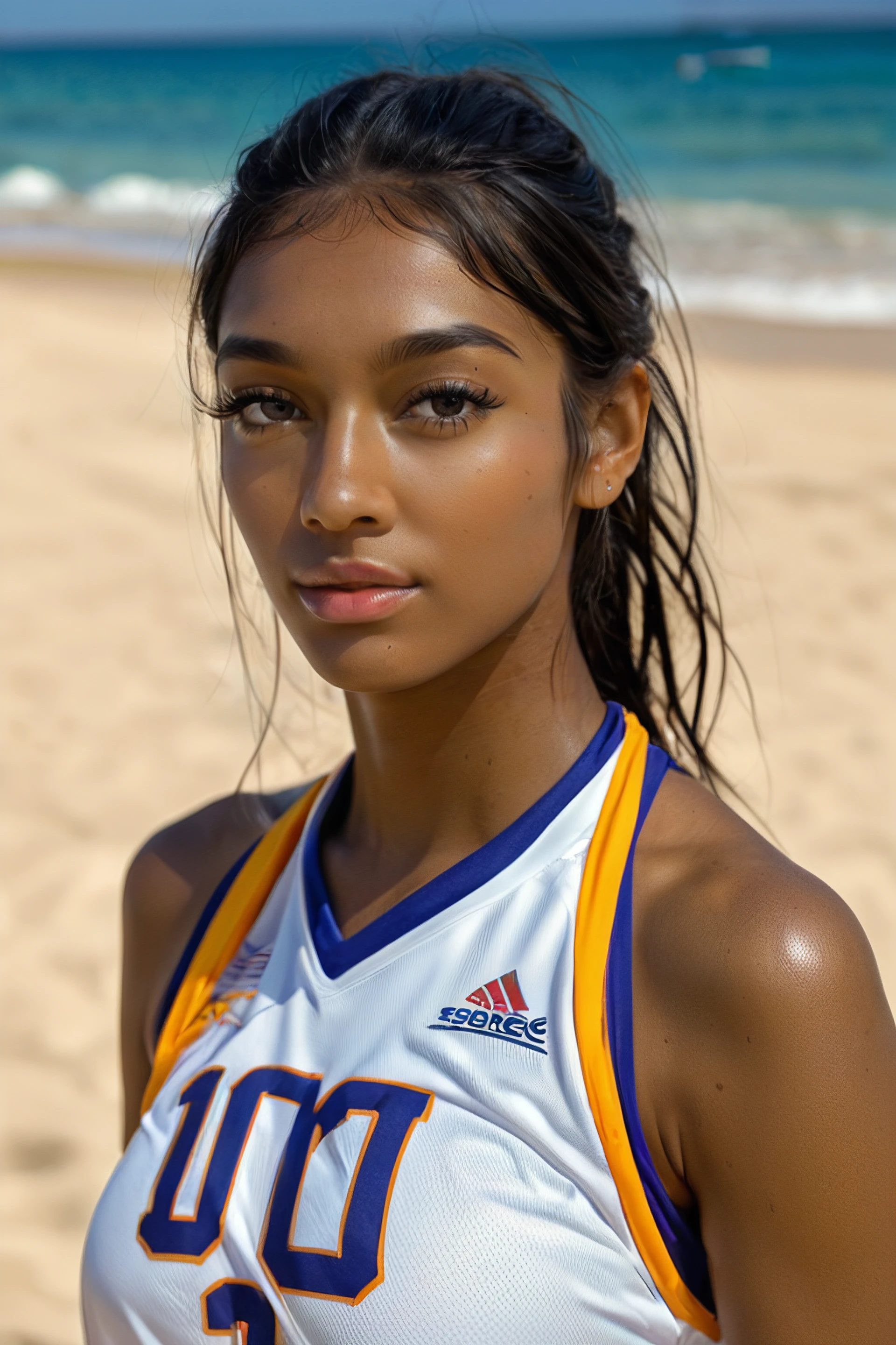 score_9, score_8_up, score_7_up, <lora:Angel_Reese_Pony:1> angelresse, black hair, dark-skinned female, female focus, sportswear 1girl, looking at viewer , sleeveless jersey, at Beach Court, sandy court with portable basketball hoops, ocean view in the background, relaxed atmosphere with players in casual attire, angel, female focus, realistic, basketball