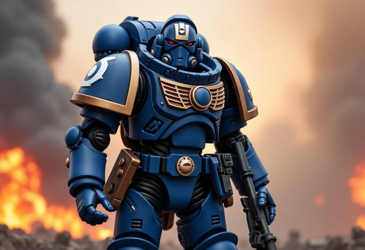 An ultramarine from warhammer 40.000. Standing with a dynamic pose. he wears a blue space marine helmet.
The background is a battlefield with explosions and smoke.