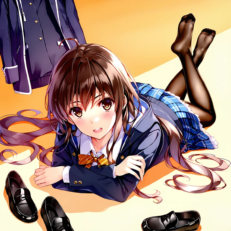 1girl, misaki_kurehito_3, solo, on stomach, lying, pantyhose, long hair, skirt, shoes, open mouth, smile, looking at viewer, blush, brown hair, school uniform, loafers, pleated skirt, hood, plaid, black pantyhose, the pose, feet, jacket, no shoes, unworn shoes, long sleeves, hood down, plaid skirt, ahoge, :d, yellow background, brown eyes, soles, blue skirt, hair between eyes, teeth, very long hair, blazer, miniskirt, brown pantyhose, masterpiece, best quality, absurdres, newest, highres,