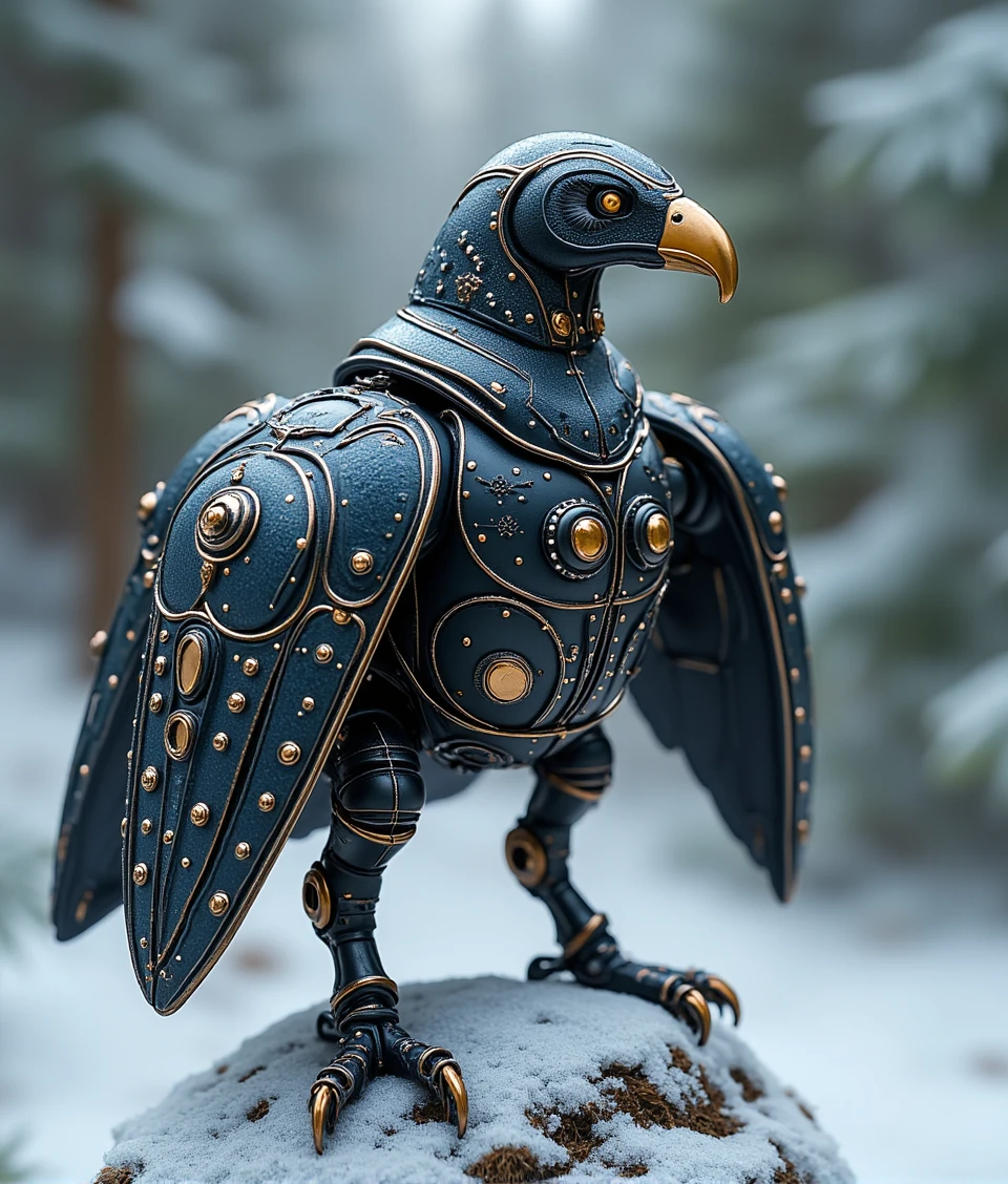 a robotic eagle standing on tree in winter,MECHSCARAB