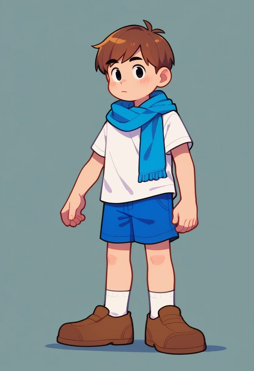 metildo, solo, short hair, shirt, brown hair, 1boy, standing, white shirt, full body, male focus, short sleeves, shorts, shoes, socks, black eyes, white socks, brown footwear, blue shorts, blue scarf