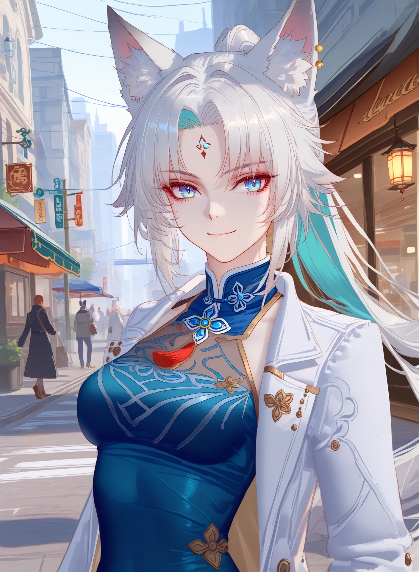 <lora:feixiao:1>,feixiao, animal ears, animal ear fluff, white hair,two-tone hair, forehead mark, ponytail, blue eyes, medium breasts, smile, white coat, street background, <lora:RAR 0.4v:0.9> ,RAR,