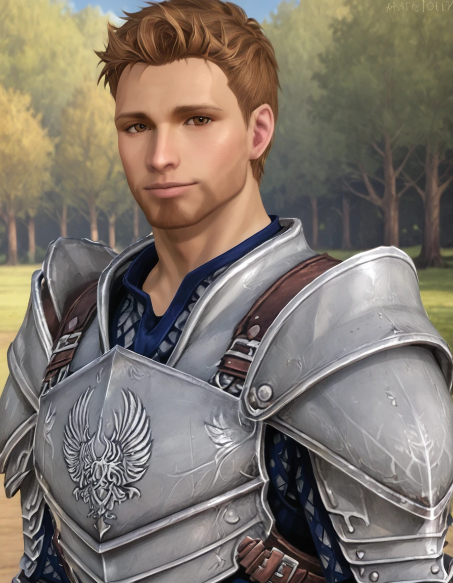 high quality, realistic, masterpiece, fantasy background
BREAK <lora:Dragon Age - Alistair Theirin - (Pony)_epoch_7:1>, (da_alistair, male, brown eyes, facial hair, warden armor), looking at viewer