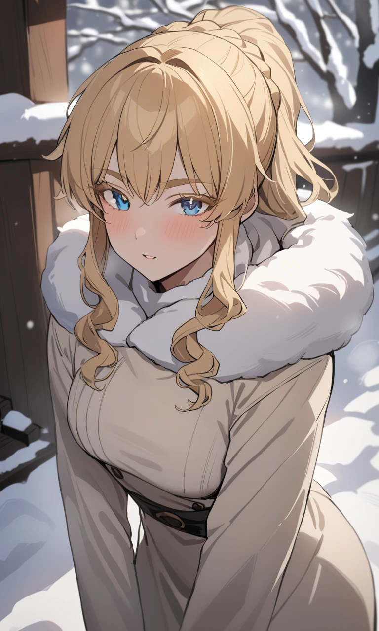 YLV4L0R4PDXLV1, 1girl, blue eyes, blonde hair, ponytail_with_braided_base, colored_eyelashes, blonde_eyelashes, blonde_eyebrows, light-skinned_female, fur-trimmed_coat, dress, fur-trimmed_coat, snow, snowy