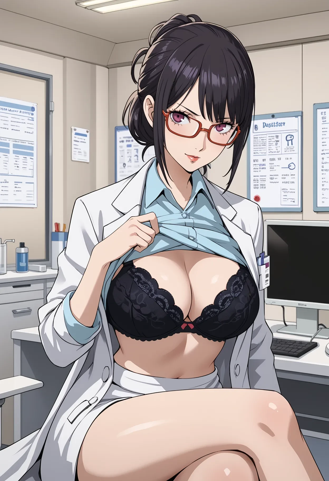 indoors, 1girl, solo, looking at viewer, doctor, labcoat, glasses, collared shirt, sitting, crossed legs, shirt lift, large breasts, lifted by self, bra