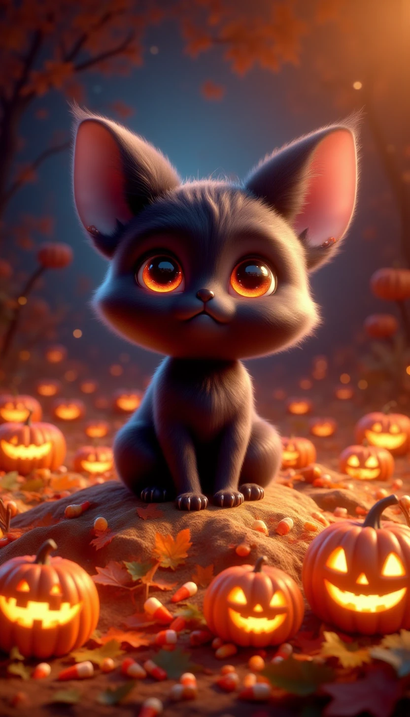 pinkchibihalloween,A spooky but adorable black cat sitting on a pile of candy corn, surrounded by glowing jack-o-lanterns														