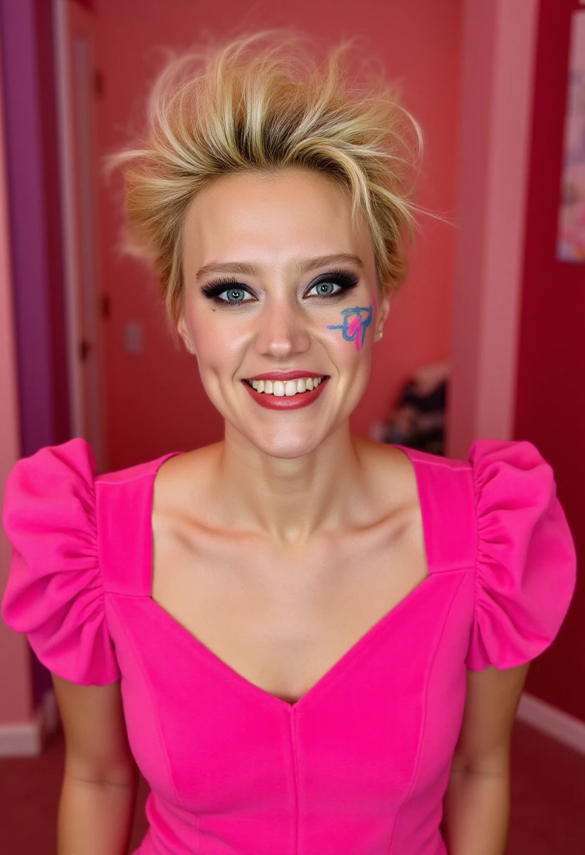 A photo of katemckinnon, a woman. She has messy short blond hair that stands up like she has been electrocuted. She is wearing dark eyeliner makeup. There are blue and pink squiggles painted onto her face with marker pen. A circle is hand-drawn badly around her left eye with black marker pen. She is slightly smiling. She is wearing a badly sewn hot pink princess dress with puffy sleeves. The background shows a large playroom in various pink color tones.