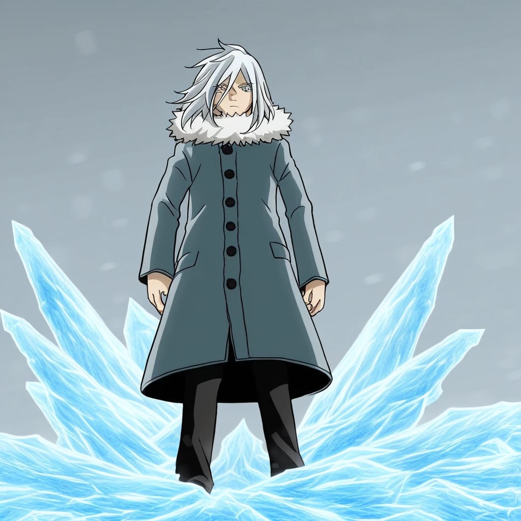 (masterpiece), 1boy, solo, Geten, white hair, grey eyes, coat, fur trim, standing, ice background