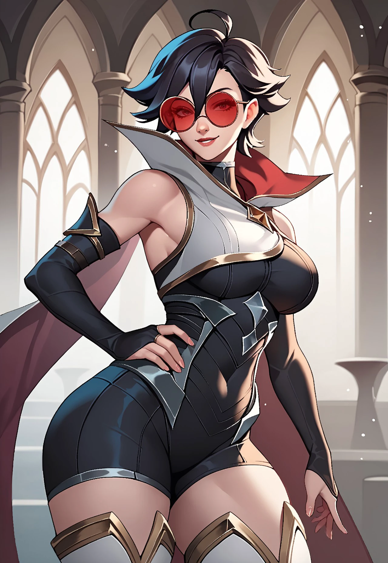 safe_pos, score_9, score_8_up, score_7_up, score_6_up, score_5_up, score_4_up, shaunavaynePony, 1girl, short hair, black hair, ahoge, hair between eyes, sunglasses, round eyewear, tinted eyewear, looking over eyewear, seductive smile, looking at viewer, toned, large breasts, thighs, (black bodysuit, detached sleeves, black elbow gloves, cape, bare shoulders, white thigh boots), dynamic pose, indoors