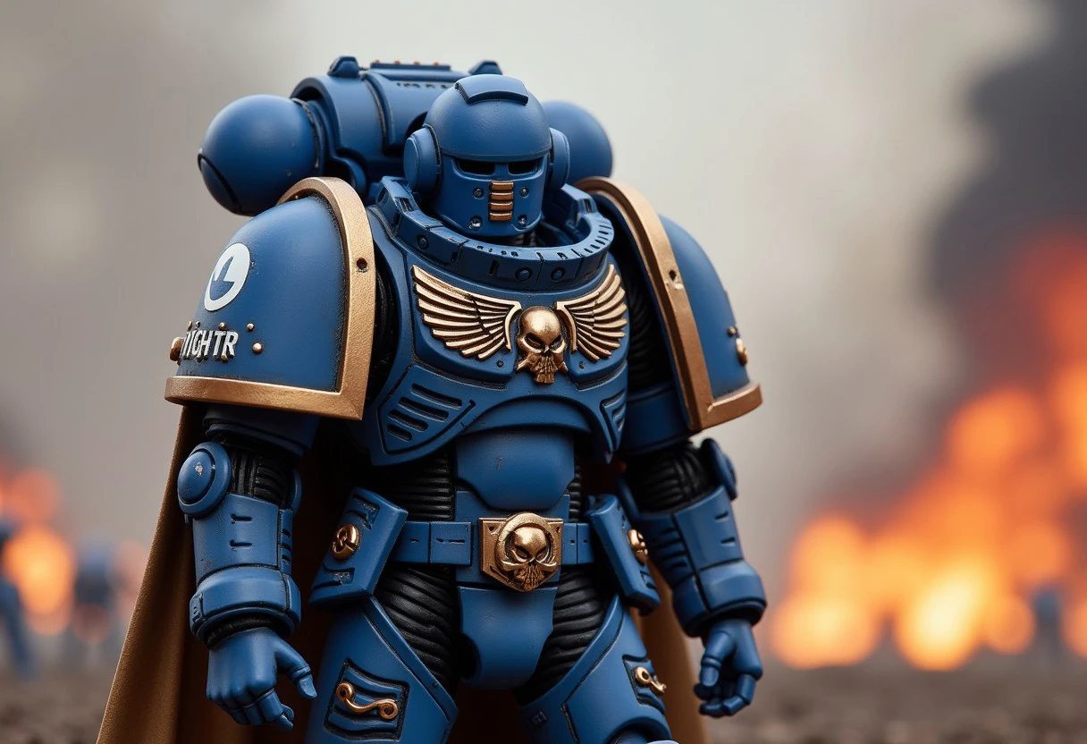 An ultramarine from warhammer 40.000. Standing with a dynamic pose. he wears a blue space marine helmet.
The background is a battlefield with explosions and smoke.