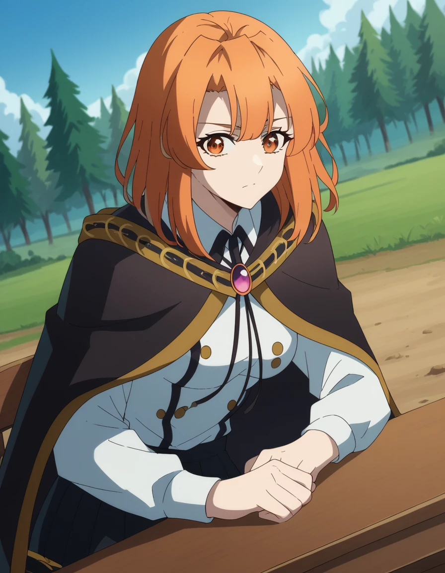 score_9, score_8_up, score_7_up, source_anime, <lora:colette-loire-s1-ponyxl-lora-nochekaiser:1>, colette loire, bangs, brown eyes, medium hair, orange hair, orange eyes, medium breasts,, skirt, black skirt, school uniform, cape, gemstone, brooch, long sleeves, shirt, white shirt, collared shirt, bike ride, countryside, dirt road, trees, afternoon sun, peaceful, alone, , looking at viewer, sitting, elbow rest, table,, solo,, cowboy shot, dutch angle