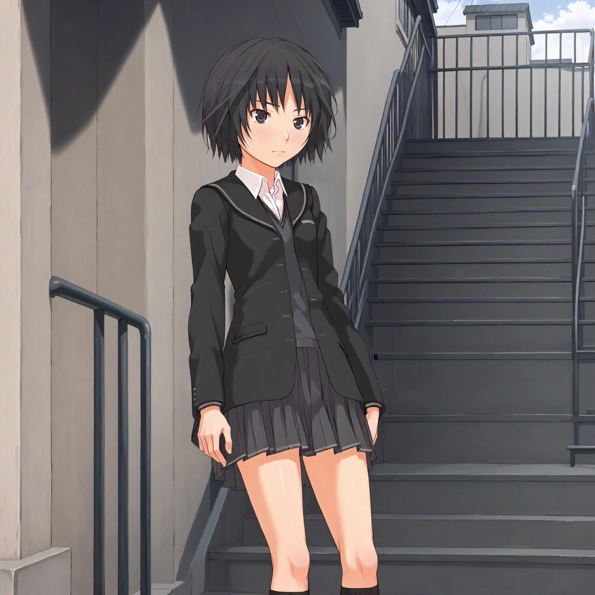 <lora:AG_AiNanasakiXLpony001>,
outdoors,
solo,
AiNanasaki,1girl,black hair,short hair,black eyes,
school_uniform,black jacket,open jacket,
pleated_skirt,
standing,