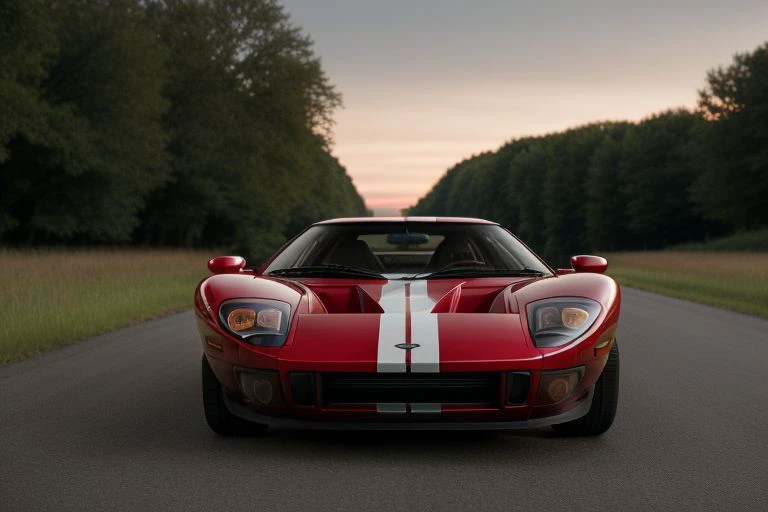 2005 Ford GT, red & white, front, front view, parked on the road of a grassland, sunset sky, hi res, professional photo