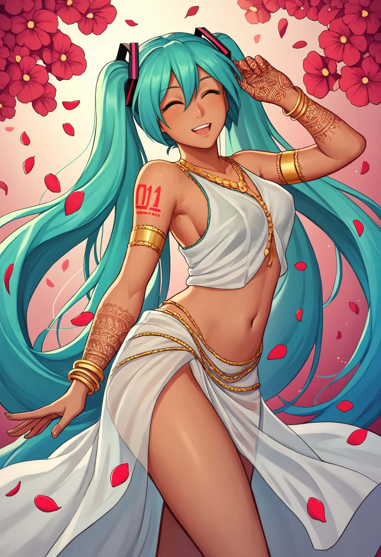 score_9, score_8_up, score_7_up, score_6_up, score_5_up, score_4_up, three-quarter portrait, outside, sunbeam, wind, petals
BREAK 1girl, hatsune miku, dark-skinned female, sari, jewelry, bangle, midriff, translucent clothing, mehndi, arm markings, hand markings, shoulder markings, makeup, joy, dancing
<lora:Mehndi_ponyXL_v10:1>