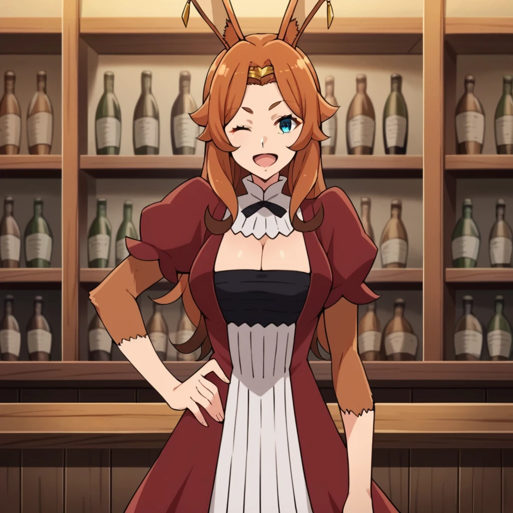 score_9_up, score_8_up, score_7_up, source_anime, 1girl, solo, Delilah, Del_Def, tavern interior, medieval, standing, hand on hip, index finger up, looking at you, wink, cheerful smile, half-opened mouth, blue eyes, brown hair, long hair, circlet, fur, red sleeves, short puffy sleeves, high collar, black ribbon, neck ribbon, ribbed collar, detached collar, cleavage cutout, black bra, bandeau, white dress, red dress, two-tone dress, rabbit girl, rabbit ears, animal ears, mature body, dynamic cowboy shot, indoors, tavern background