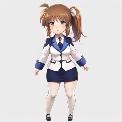 (masterpiece,best quality),(bdchibi),full body, <lora:bdchibi:1>,1girl, solo, ,takamachi nanoha, side ponytail, parted lips,whiteuniform,blue skirt,pencil skirt,white legwear,   <lora:[reizei]takamachi nanoha:0.6>