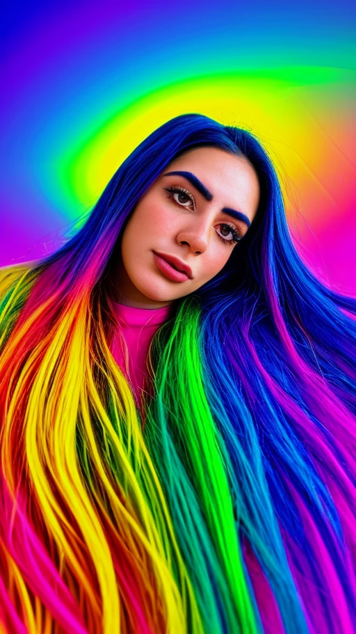 Extreme realism in a complex, highly detailed composition featuring a woman with extremely long flowing rainbow-colored hair. The glowing background, with its vibrant colors, exaggerated details, intricate textures, and dynamic lighting, creates a whimsical, dreamy atmosphere in photorealistic quality., <lora:amarantavp_proyect:1> my 18yo cute teen girlfriend (amarantavp), black_hair,