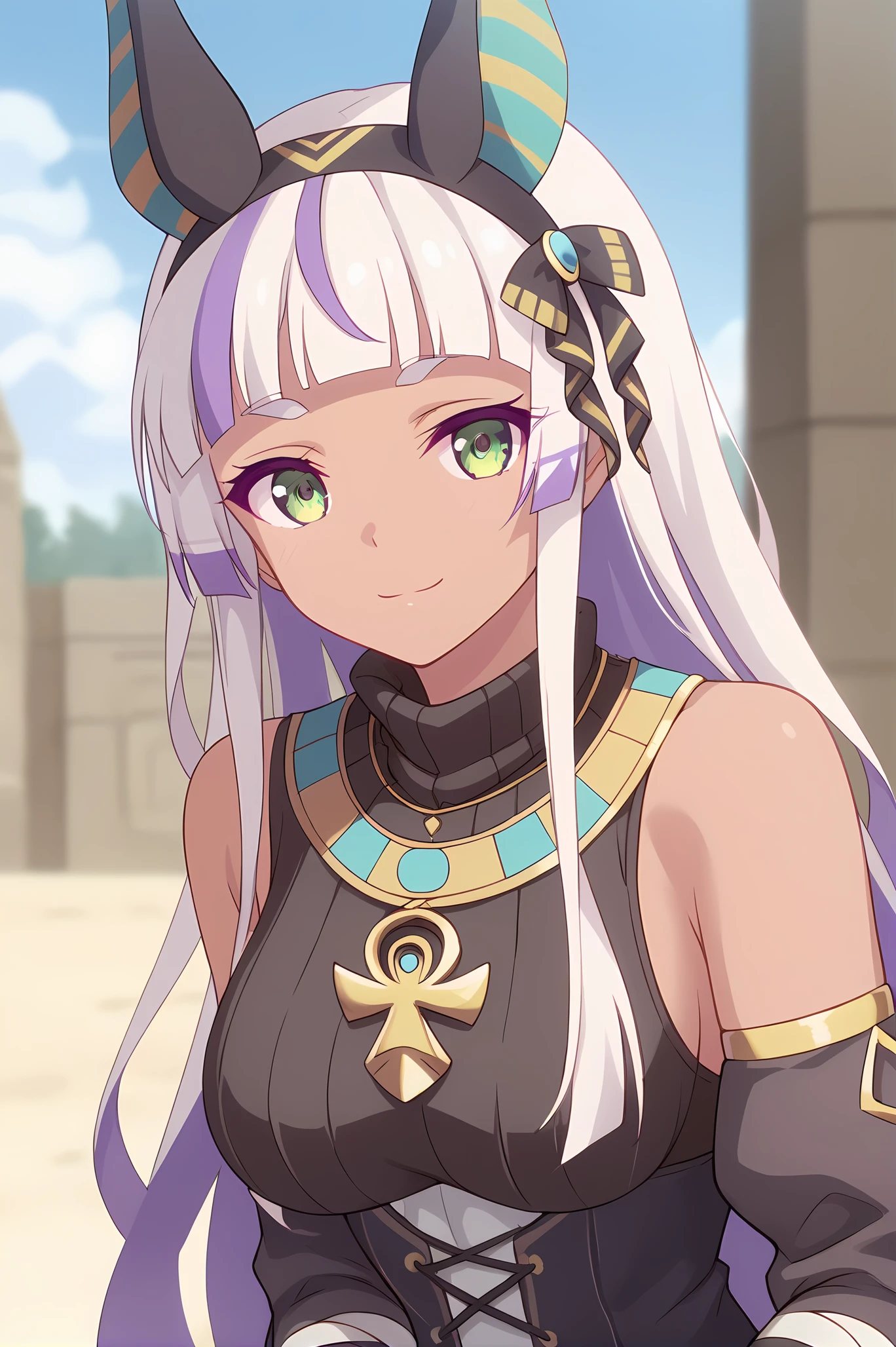 (egyptian clothes:1.20), gg-anubis, necklace, hairband, white hair, multicolored hair, long hair, dark skin, jackal ears, green eyes, medium breasts, 1girl, solo, skinny, score_9, score_8_up, score_8, score_7_up, score_7, score_6_up, score_6, score_5_up, score_5, source_anime, light smile, night sky outdoors, (close-up:1.20), (:1.20), feet, <lora:gg-anubis-V01-000003:0.70>