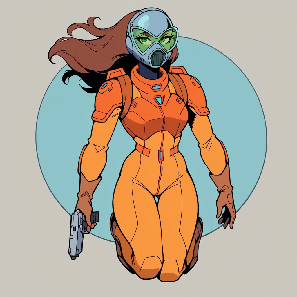 score_9, score_8_up, score_7_up, score_6_up, source_cartoon, western comics \(style\), opaque_helmet, 1girl, mature female, form-fitting spacesuit, svelte, shoulder pads, brown hair, long hair under helmet, eyes visible through headwear, green-tinted eyewear, armor over spacesuit:0.25, brown gloves, jetpack, holding pistol, science fiction, spaceship, full body, floating, midair,