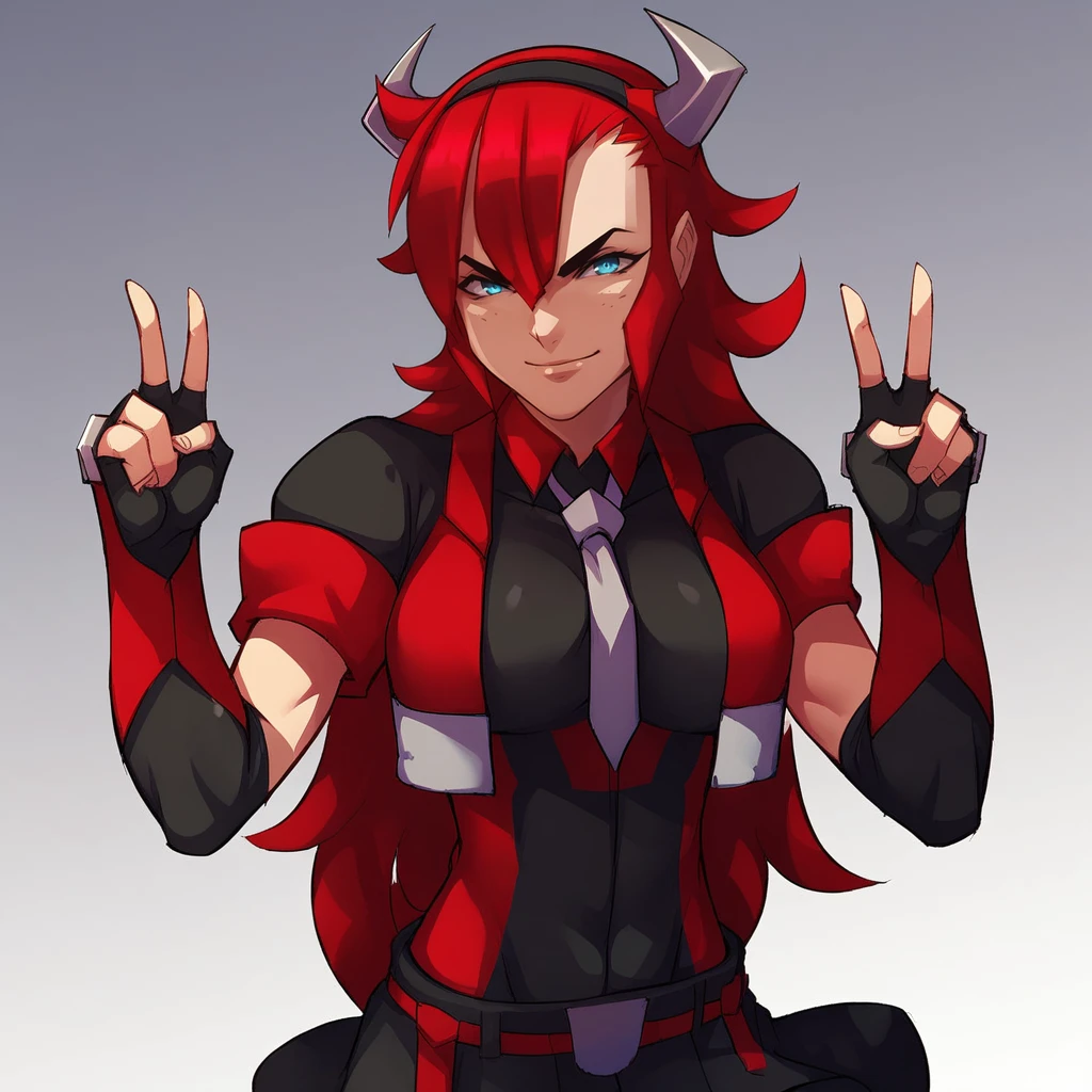 score_9_up, score_8_up, BREAK, Cliffjumper, 1girl, solo, red hair, long hair, blue eyes, horns, hairband, school uniform, necktie, skirt, fingerless gloves, cowboy shot, double v, <lora:CLIFFJUMPER_RYUSEI-R_PXL_Leaf1:1>, gradient background,