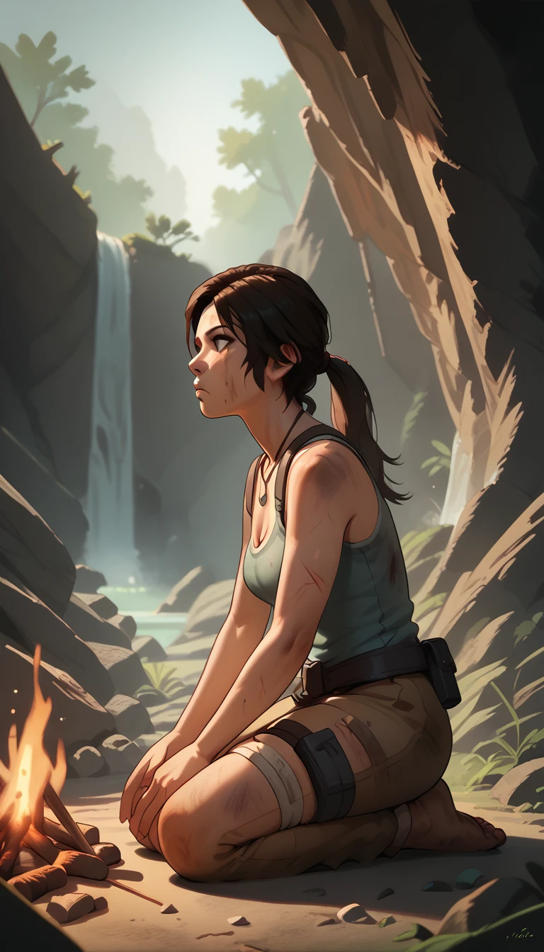 score_9, score_8_up, score_7_up, from side, laracroftk1ck1x, injured, dirty, raideroutfit, kneeling, looking to the side, cave, campfire, waterfall <lora:Lara_Croft_Pony:1>