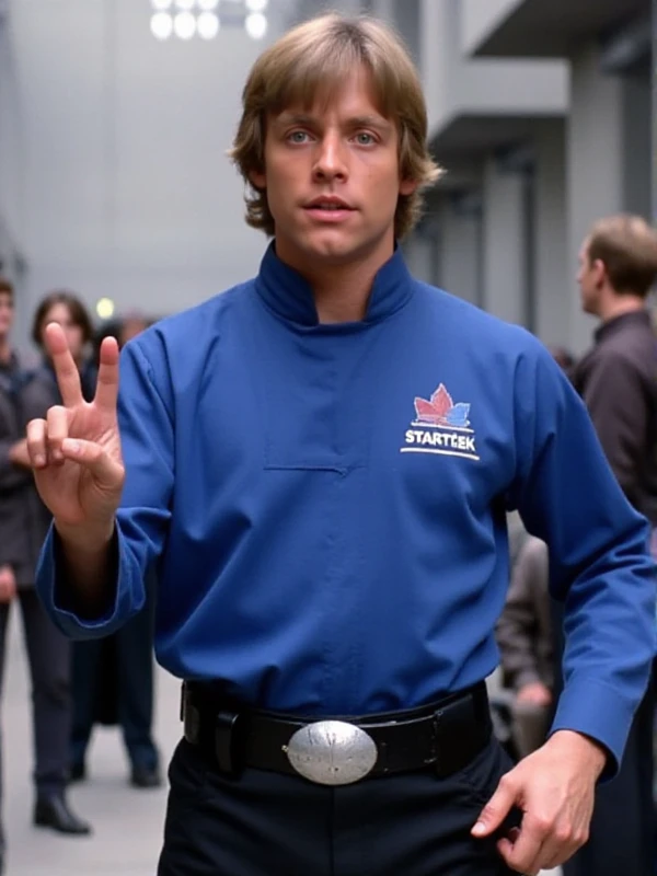 Luke Skywalker has pointy hears and is dressed with a blue startrek shirt with the entreprise logo and a black pant. He is making a peace sign with his hand <lora:Luke_Skywalker:0.9>