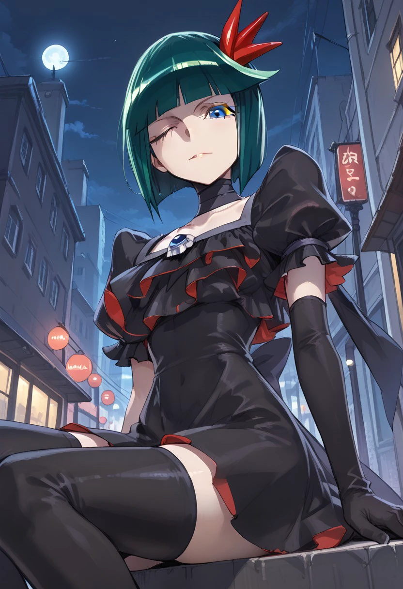 score_9, score_8_up, score_7_up, at room. Indoor,1 female,street view, city view , at night, moonlight,1 female,night view, moonlight,darkprecure, head accessory, green hair, short hair,blue eyes, one eye closed, right hand black long gloves, single wing, black dress,stocking , boots, sitting