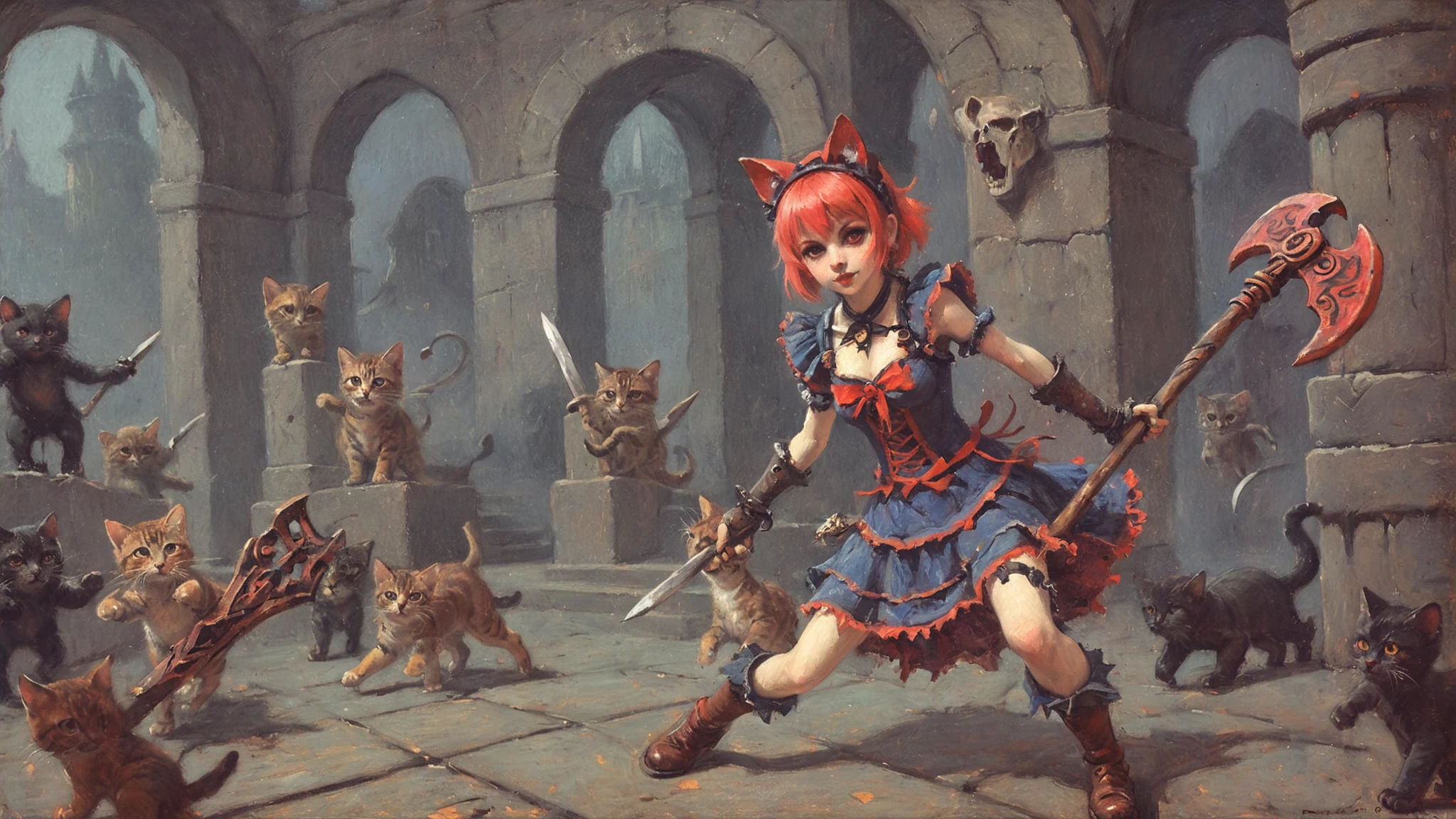 [[vibrant chaos of colour, vivid dreams in miracle prism light:S_Artistic S_Unholy Arcpastel of a cute [little <'kitten'*0.5 + 'girl'*0.5> catgirl| <'kitten'*0.5 + 'girl'*0.5> catgirl] wielding twin battle axes in an Env_Dungeon dungeon. The feral hellion tears through a crowd of <'undead skeleton warriors'*0.6 + 'big viking men'*0.4> with her fearsome axes, as the she fights her way through the haunted halls. She has cat ears and she has a cat tail and wears a skirt dress:0.25]:S_Artistic S_Unholy Arcpastel:0.55]
<lora:PasteldrawnXL0.8:0.4> <lora:novuschroma13 style_b:0.25>  <lora:catgirl:0.5>