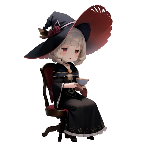 (masterpiece,best quality),bdchibi,full body, 1girl, solo,white background,<lora:bdchibi:1>, witch, sitting, indoors,holding cup, parted lips,