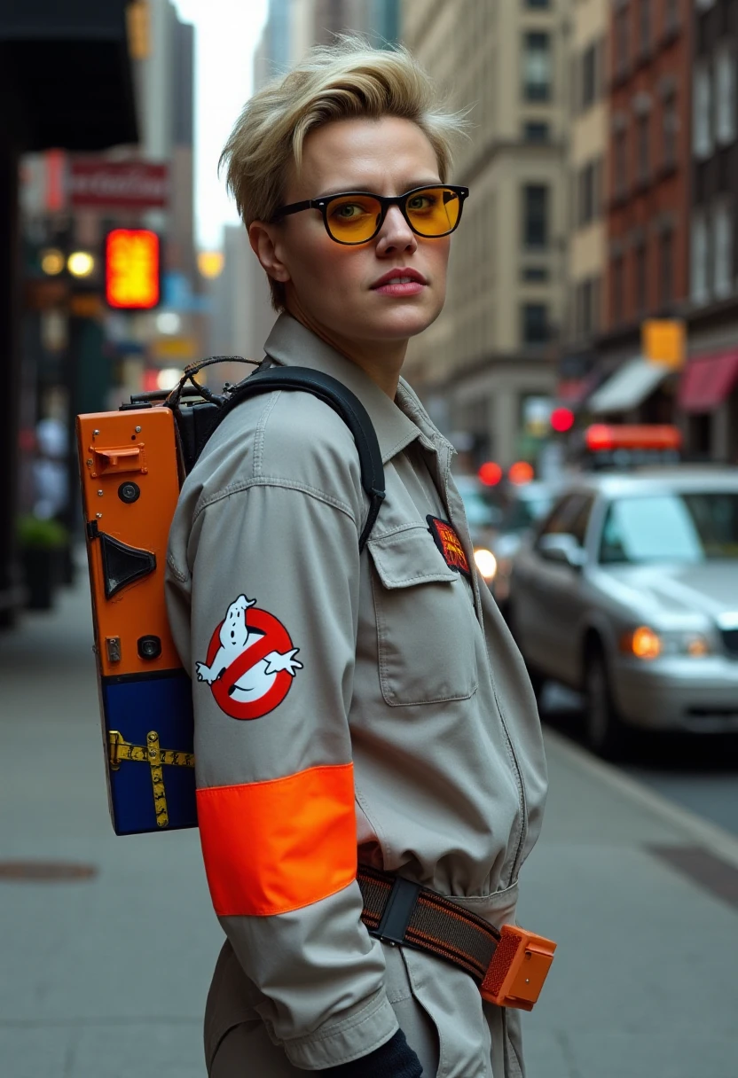 A medium wide shot of katemckinnon, a woman. She has very short styled blond hair. She is wearing yellow tinted glasses. She is wearing a loose comfy light gray worker jumpsuit with orange-white-orange stripes. She is wearing an orange and blue utility belt around her waist and black tactical gloves on her hands. The Ghostbusters logo is printed the sleeves of the suit. She is turned slightly to the side so that the Ghostbusters logo is clearly visible. The background is blurry and shows the Ghostbusters Headquarter in New York City.