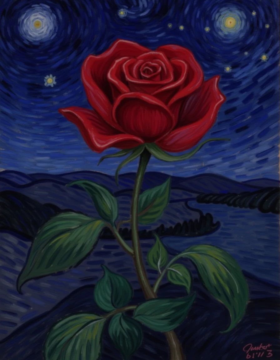 <lora:Starry-Night_v10-000013:1>, starry_night1, A red rose