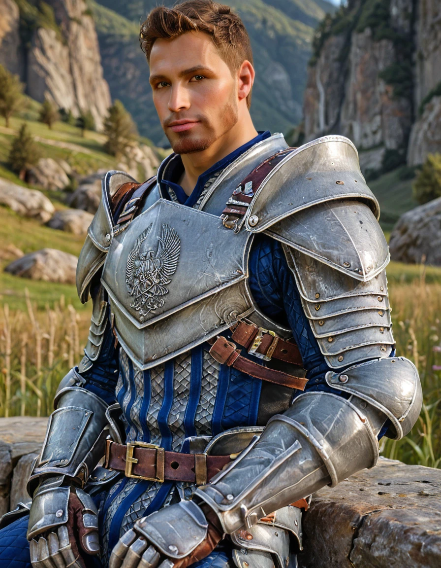 high quality, realistic, masterpiece, fantasy background
BREAK <lora:Dragon Age - Alistair Theirin - (Pony)_epoch_7:1>, (da_alistair, male, brown eyes, facial hair, warden armor, warden gauntlets), looking at viewer, full body, close-up, sitting on stone wall