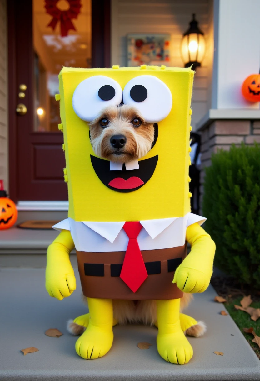 <lora:Cruddy_Halloween_Costumes_FLUX:0.8>
The image is a photograph of a dog dressed in a homemade Spongebob Squarepants costume, standing in front of a home during what appears to be Halloween. The costume is made of a synthetic material that appears to be a blend of yellow foam and fabric, giving it a slightly soft, yet structured look.