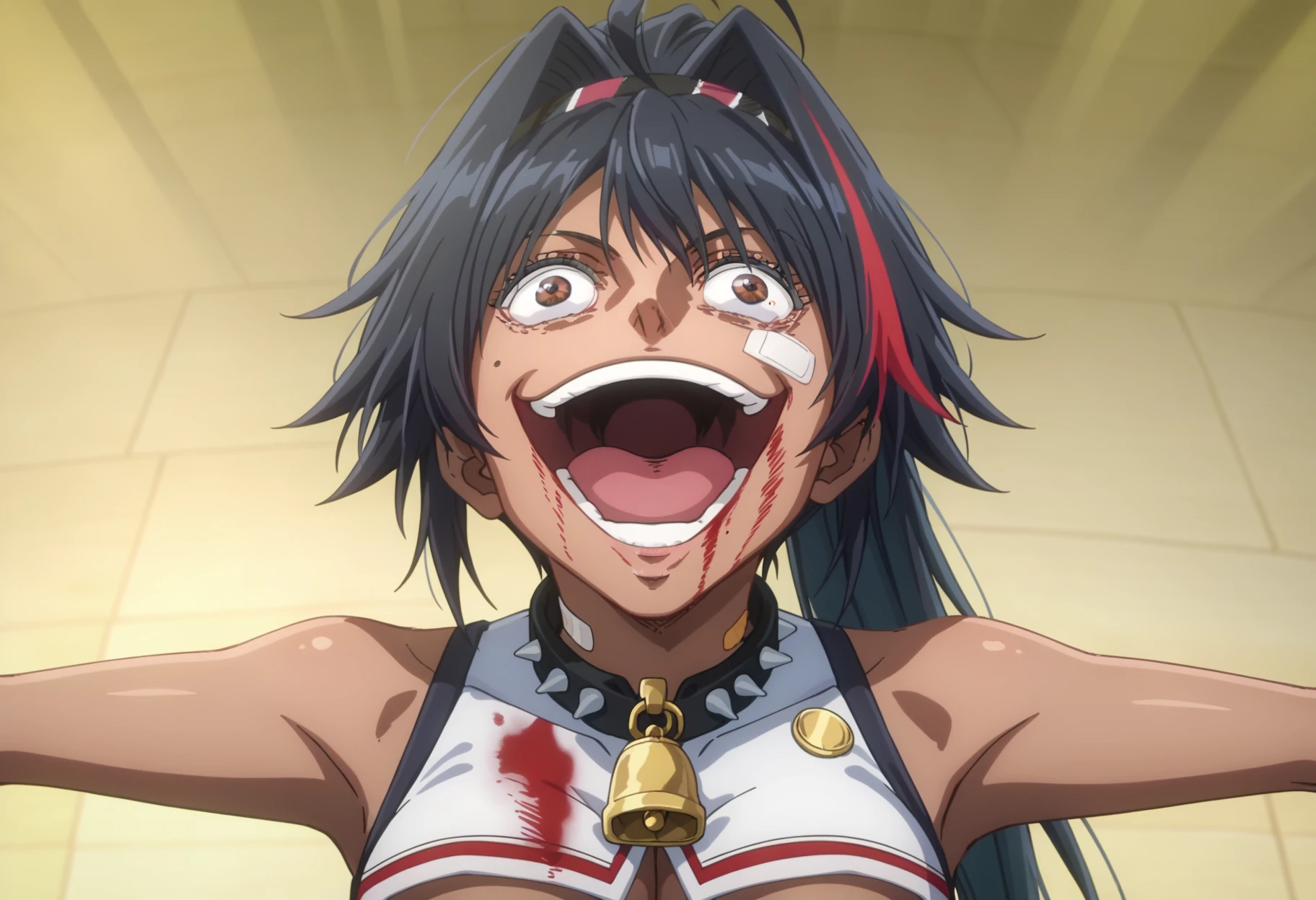 score_9, score_8_up, score_7_up, source_anime,
BREAK
 <lora:shigojoenV1:1>, gojoendef, crazy eyes, crazy smile, 
looking at viewer, smile, open mouth, upper body, teeth, tongue, blood, outstretched arms, blood on face, blood on clothes, 
1girl, solo, anime screencap, anime coloring, 
<lora:bay-nikke-richy-v1_pdxl:0.8> nikkebay, dark skin, brown eyes, black hair, ahoge, streaked hair, long hair, ponytail, hairband, hair intakes, cheerleader, crop top, large breasts, underboob, midriff, navel, spiked collar, neck bell, bandaid, mole