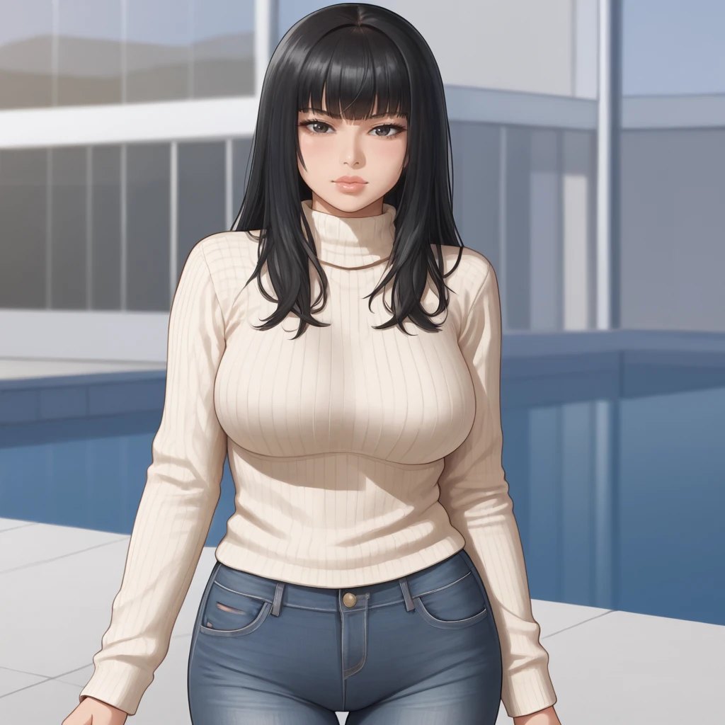 <lora:hibana_pony_v1:.8> HibanaNonHelmet, 1girl, solo, black hair, lips, long hair, large breasts,, bangs, sweater, jeans