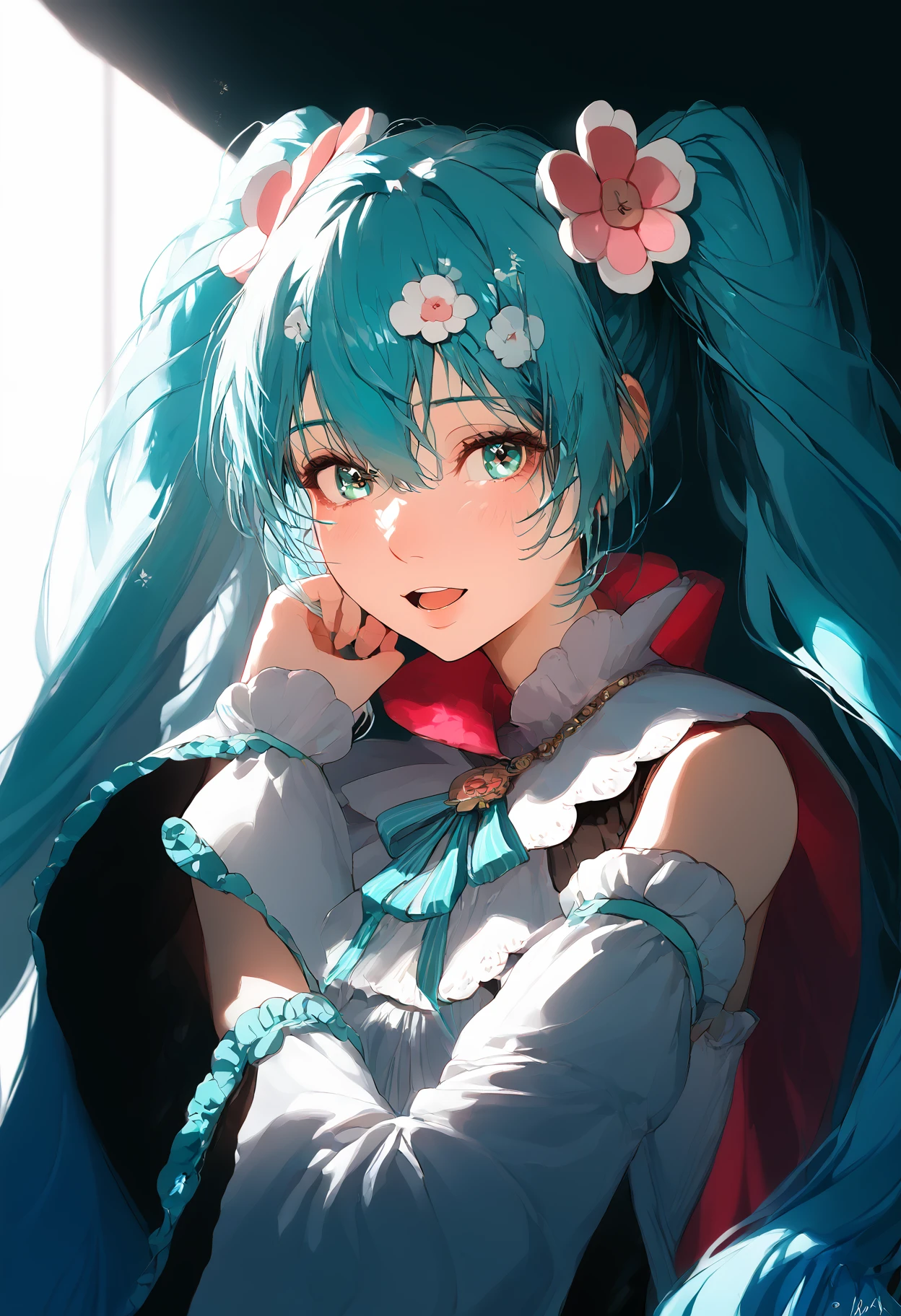 score_9,score_8_up,score_7_up,,source_anime BREAK, upper body , 1girl, solo,looking at viewer,, MHM21, hatsune miku, hair ornament, flower, twintails, magical mirai miku, long hair, detached sleeves, open mouth, aqua hair, smile, very long hair,  wide sleeves, medallion, white sleeves, aqua ribbon, aqua eyes, cape, hair between eyes  s1_dram <lora:ãã¸ã«ã«ãã©ã¤2021:1>,<lora:S1_Dramatic_Lighting_v2:0.8>,<lora:incase_style_v3-1_ponyxl_ilff:1>