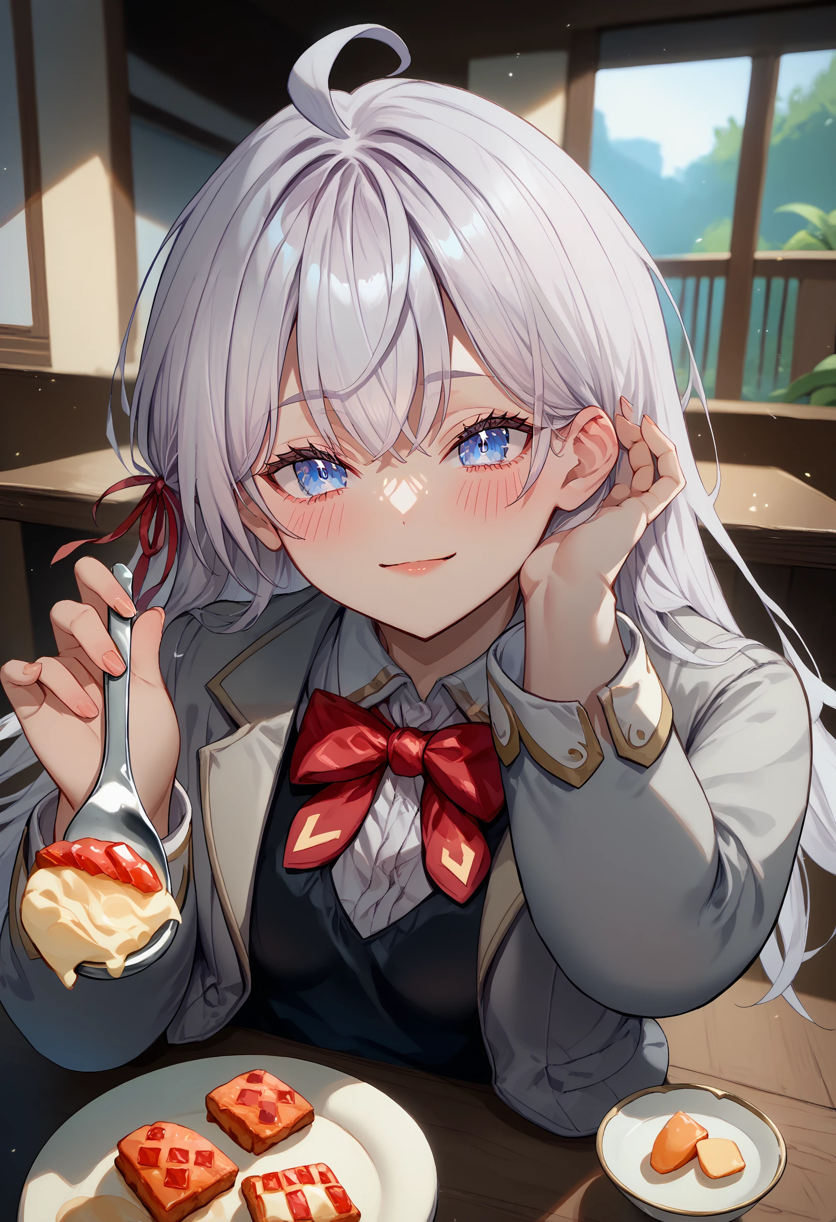 score_9, score_8_up, score_7_up, 1girl, incoming food, holding spoon, <lora:IncomingFood_pdxl_Incrs_v2:1.1>, pov across table, seductive smile,  <lora:Hoseki_Roshidere_Alisa_Mikhailovna_Kujou_PDXL_v1:1>, amkkj, large breasts, long hair, silver hair, crossed bangs, blue eyes, ahoge, hair ribbon, grey jacket, open jacket, notched lapels, black vest, white collared shirt, red bowtie, hand on own ear, hair tucking, hair behind ear, hand up, adjusting hair <lora:HandOnOwnEar_pdxl_Incrs_v1:1>, spoon, spoon focus, blush,