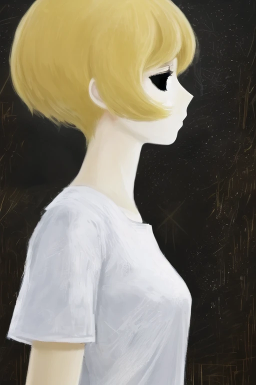 ((high quality)), hwtomomimurakami, 1girl, solo, blonde hair, t-shirt, (((profile))), shirt, upper body, short sleeves, white skin, black eyes, impressionism <lora:Tomomi Murakami:1.0>