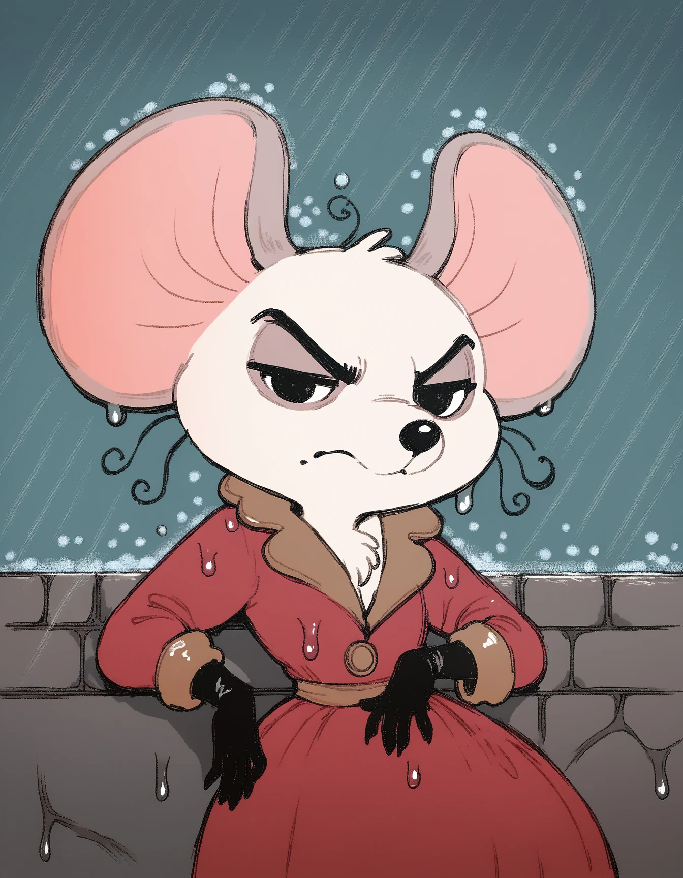 score_9, score_8_up, score_7_up, score_6_up, score_5_up, score_4_up, solo
gorgonzola_crew_mouse, black dots, red dress, gold neck, white fur, black hands, long sleeves, outside, serious face, rain, very wet, soaked through
 <lora:gorgonzola_crew_mouse_XL:1>