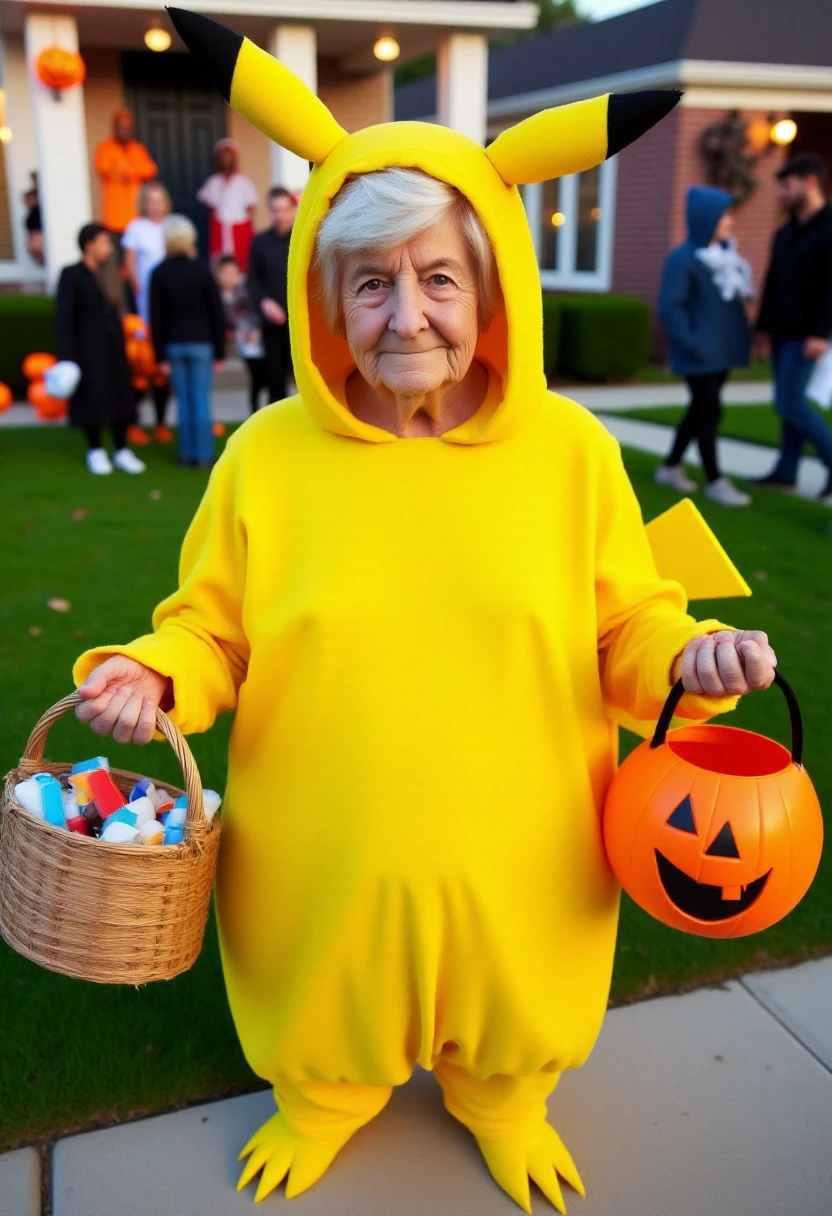 <lora:Cruddy_Halloween_Costumes_FLUX:1.0>
The image is a photograph of an elderly woman dressed in a homemade Pikachu costume, standing in front of a suburban house during what appears to be Halloween. The costume is made of yellow synthetic material that appears to be a blend of foam and fabric, giving it a slightly soft, yet structured look.