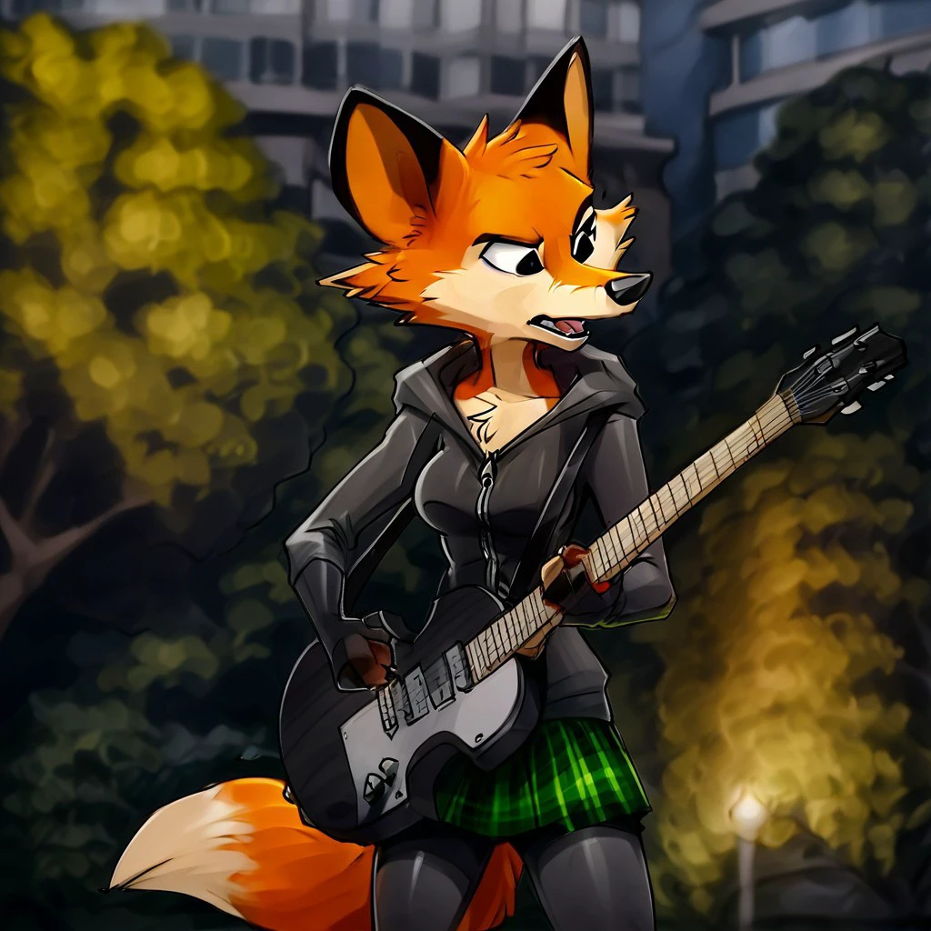 zipper, furry, solo, guitar, green skirt, holding guitar, drawing, fox ears, breasts, outdoors