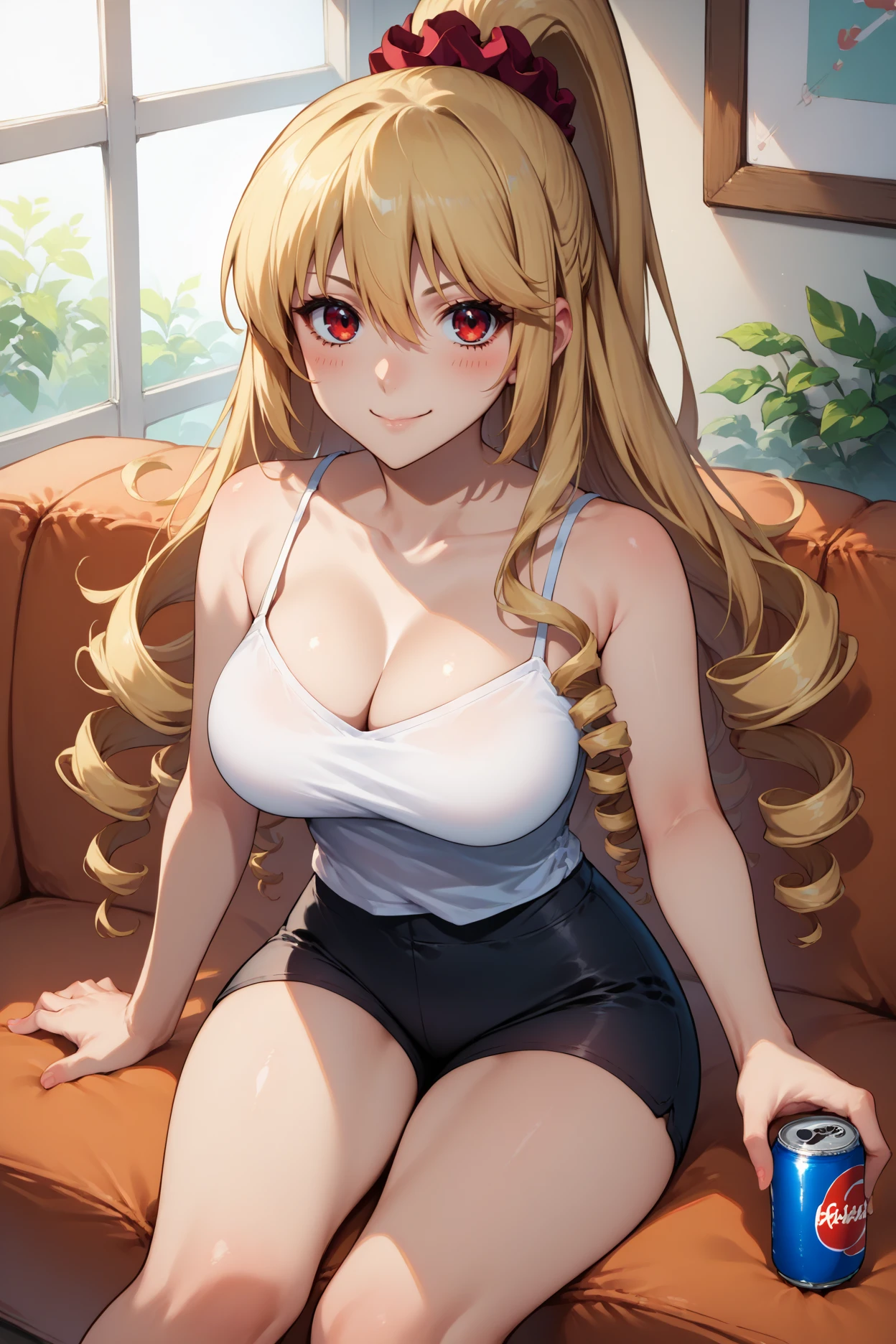 score_9, score_8_up, score_7_up, score_6_up, source_anime, 1girl, solo, <lora:aibaasagi-pdxl-nvwls-v1-000005:1> aibastb, blonde hair, long hair, drill hair, high ponytail, red eyes, hair scrunchie, big breasts, white camisole, black shorts, spandex shorts, sitting, couch, holding can of soda, looking at you, smile, blush