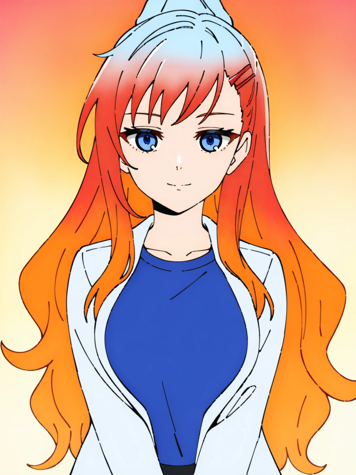 <lora:Kami_no_Tou-DoRA_V1:0.85>
very aesthetic, newest, best quality, masterpiece, absurdres, 1girl, medium breasts, blue eyes, red hair, gradient hair, orange hair, long hair, ponytail, light smile, hairclip, white jacket, open jacket, blue t-shirt, upper body, straight-on, red background, gradient background, orange background